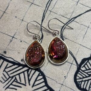 Rainbow Druzy 925 Sterling Silver Polished Stone Tear Drop Dangle Earrings